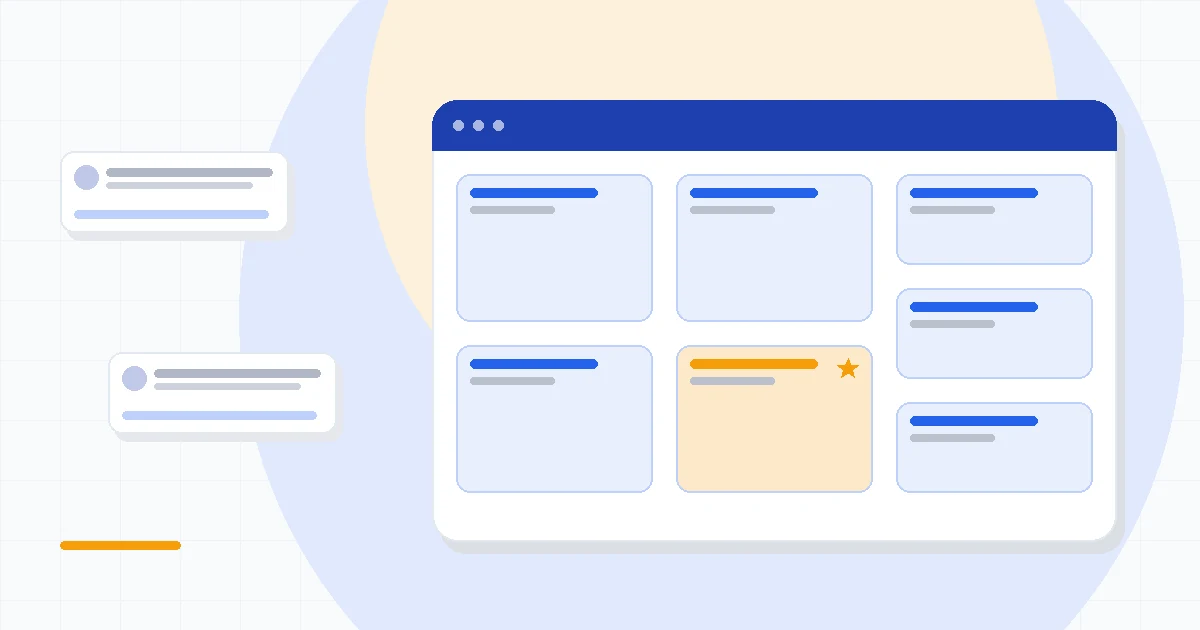 Flat illustration of an ActiveCampaign review verdict with a branching automation map and a deal pipeline, deep blue and amber palette