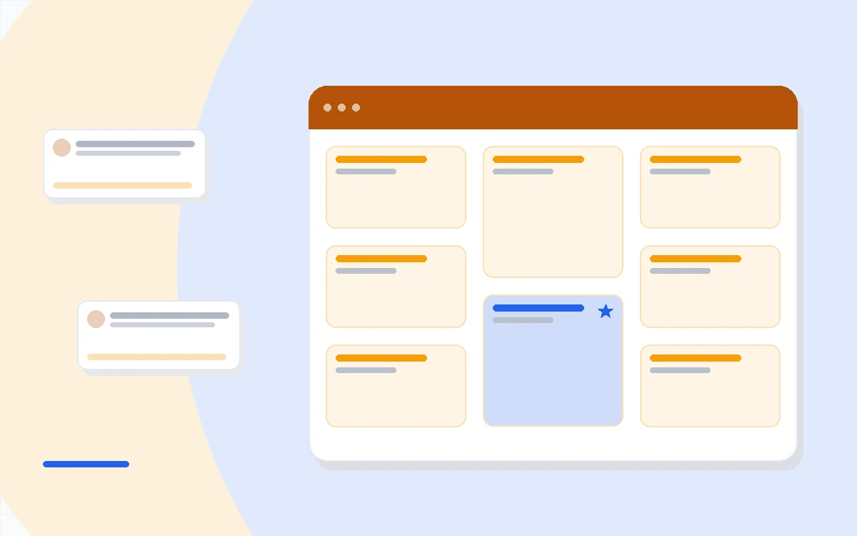 Flat illustration of an automation flowchart beside a connected suite of marketing, sales and service blocks, deep blue and amber palette