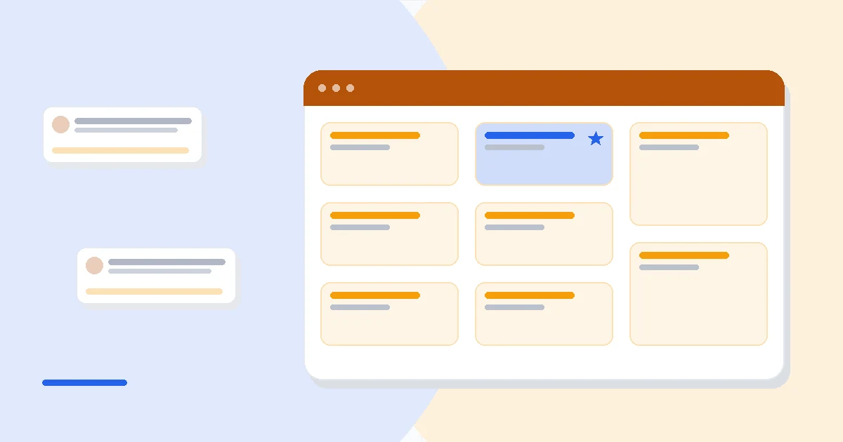Flat illustration of an automation flowchart beside a connected suite of marketing, sales and service blocks, deep blue and amber palette