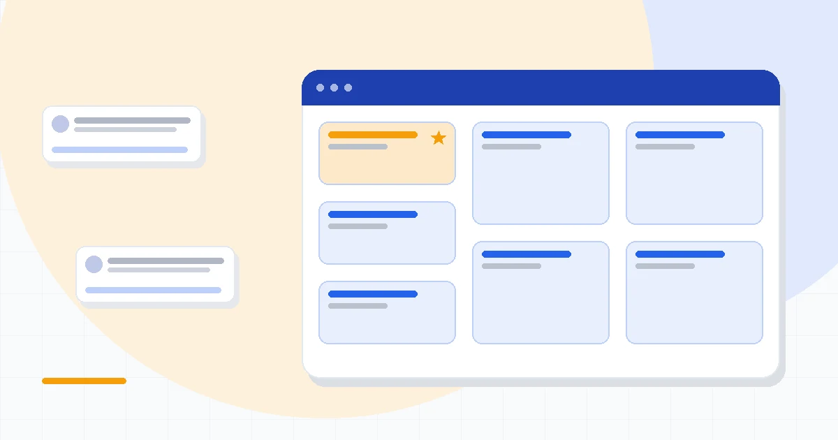 Flat illustration of a sales pipeline with contact cards and an email icon, deep blue and amber palette
