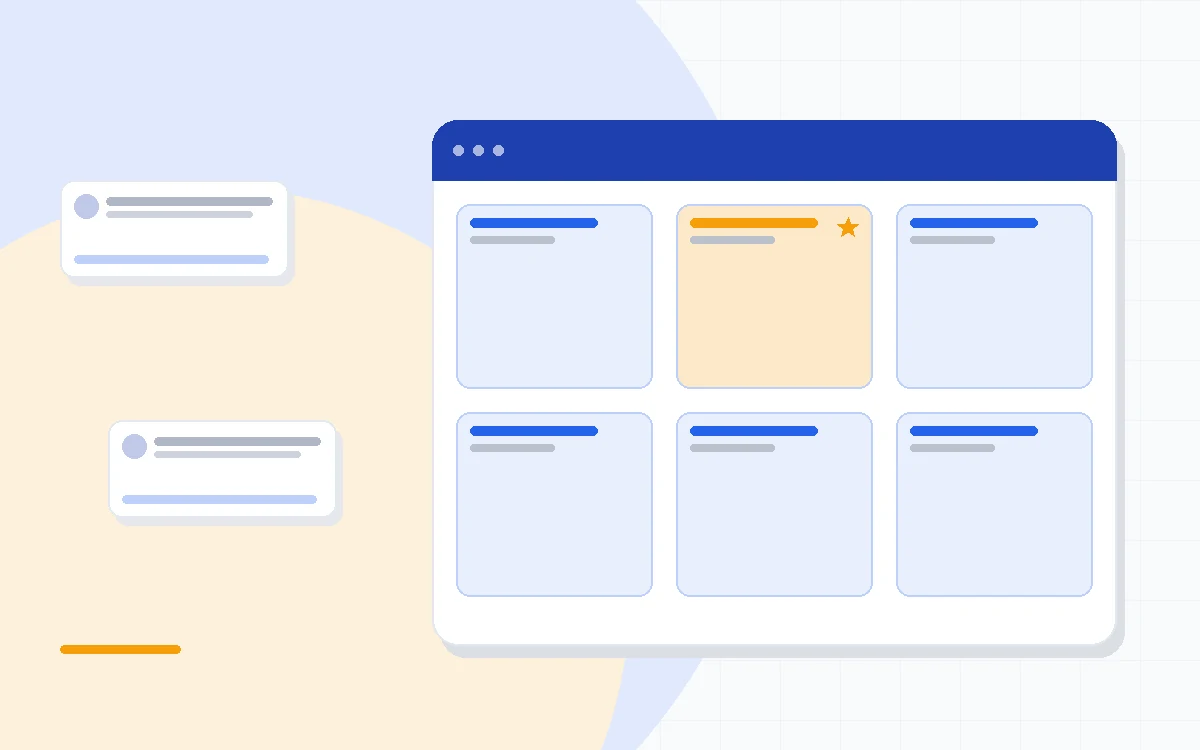 Flat illustration of a sales pipeline with contact cards and an email icon, deep blue and amber palette