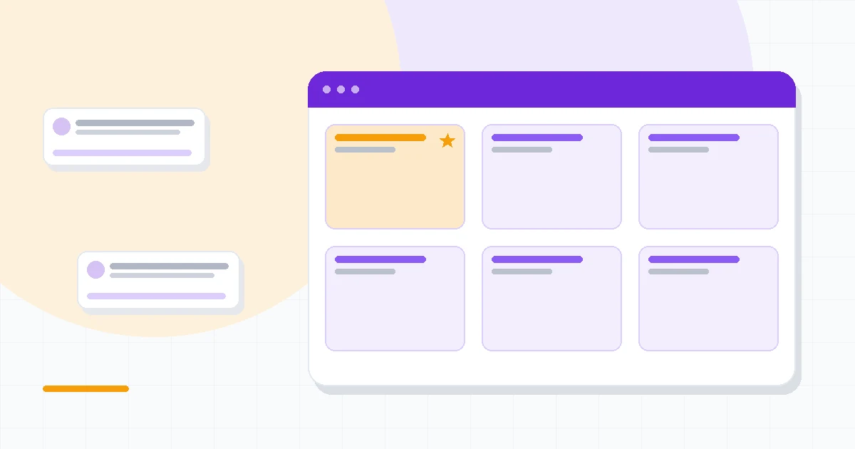 Flat illustration of a customer chat window split between a bot and a human agent, deep blue and amber palette