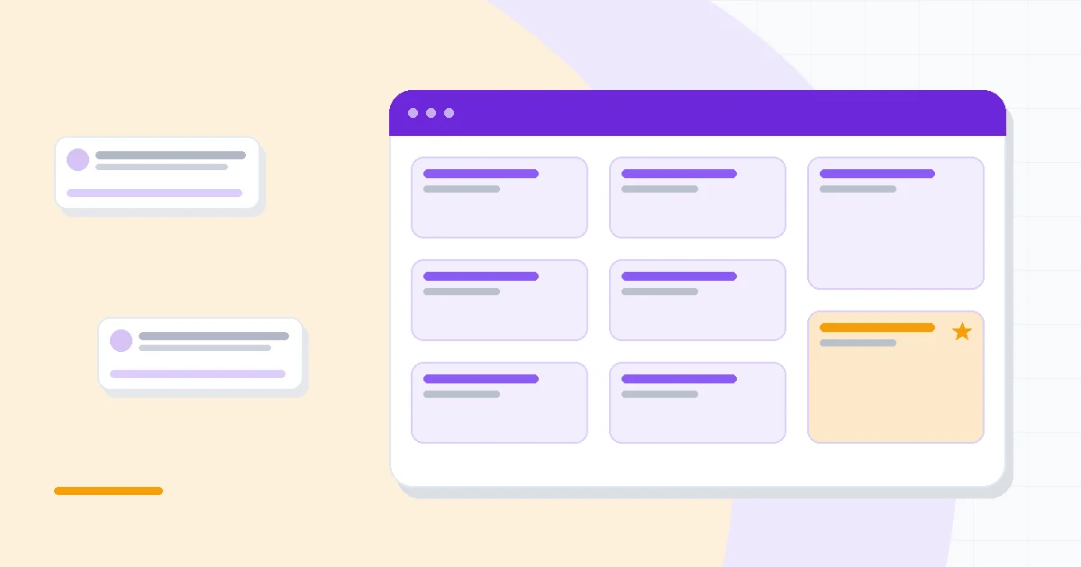 Flat illustration of a website assembling itself from a prompt bubble with layout blocks, images and text sections, deep blue and amber palette
