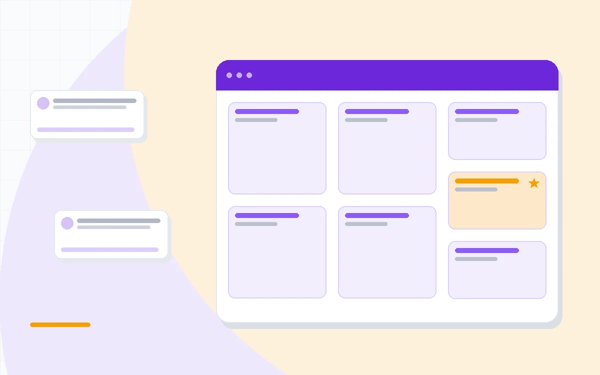 Flat illustration of a website assembling itself from a prompt bubble with layout blocks, images and text sections, deep blue and amber palette