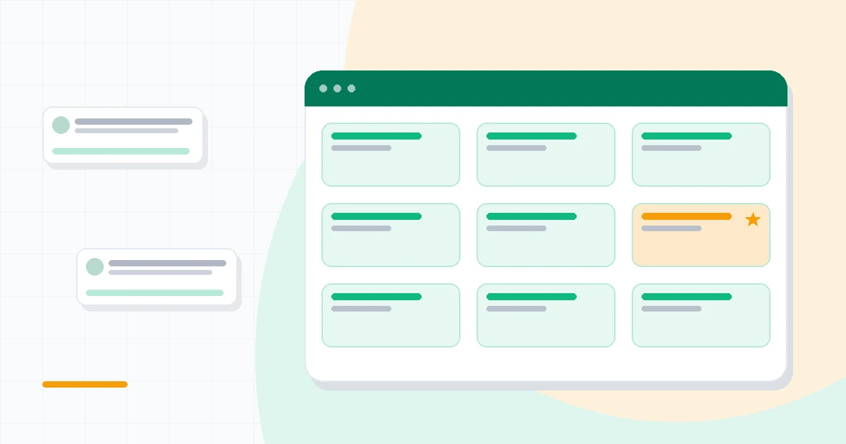 Flat illustration of a linked database grid transforming into a project board, deep blue and amber palette