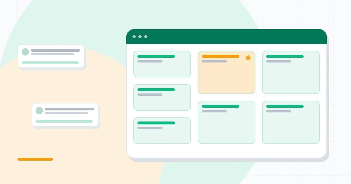 Flat illustration of linked database tables beside a team workflow board, deep blue and amber palette
