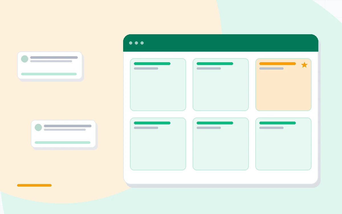 Flat illustration of linked database tables beside a team workflow board, deep blue and amber palette