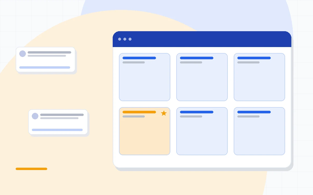 Flat illustration of a sales pipeline board beside an invoice stack and a project task list, deep blue and amber palette
