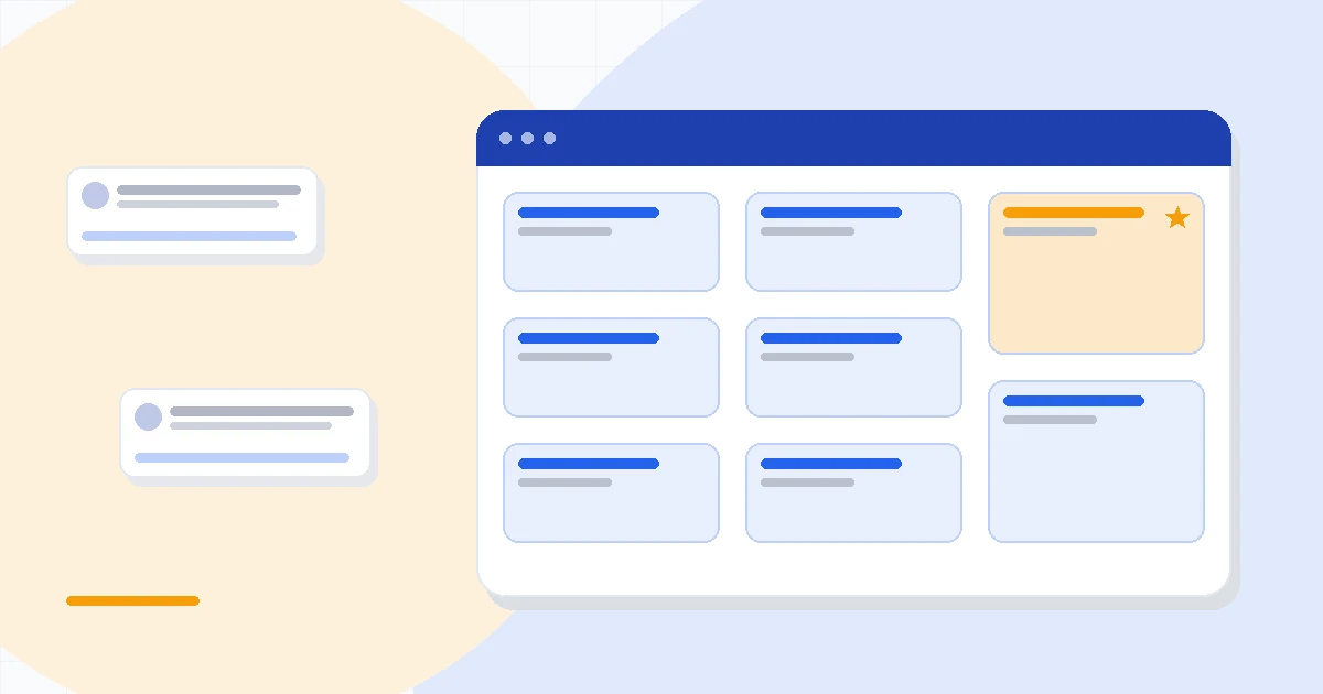 Flat illustration of a sales pipeline board beside an invoice stack and a project task list, deep blue and amber palette