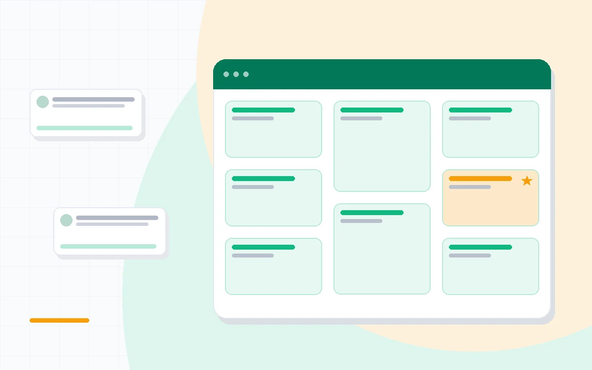 Flat illustration of a task list beside a colorful project board, deep blue and amber palette