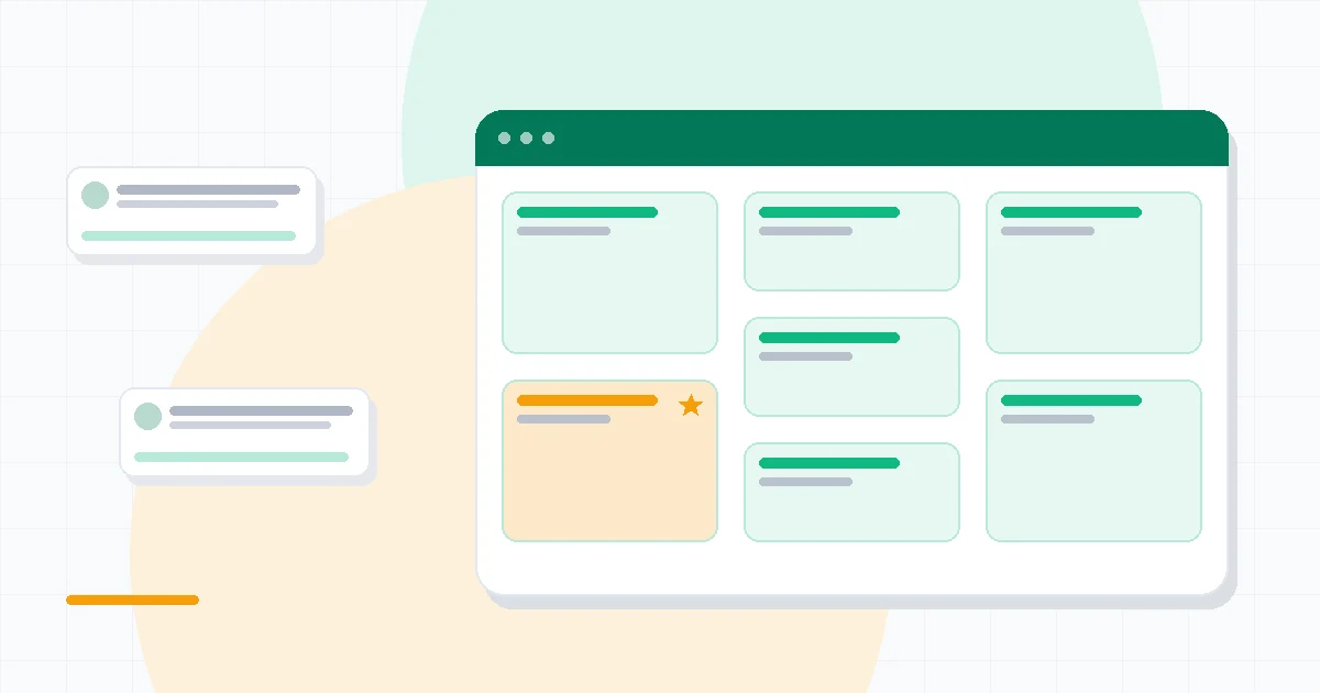 Flat illustration of a task list beside a colorful project board, deep blue and amber palette