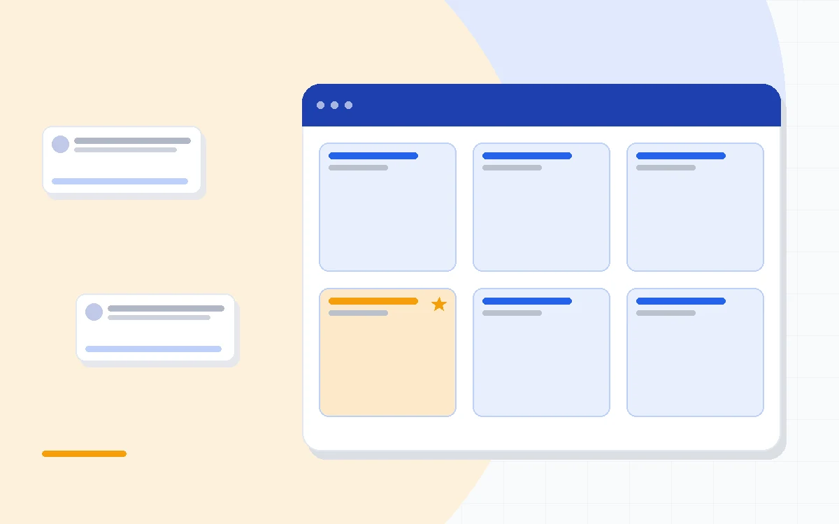 Flat illustration of a spreadsheet-style data grid beside a real-time sync icon and a CRM pipeline panel, deep blue and amber palette