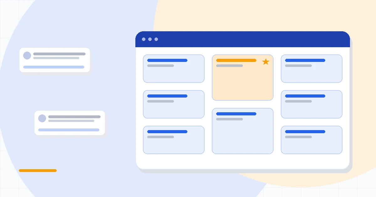 Flat illustration of a spreadsheet-style data grid beside a real-time sync icon and a CRM pipeline panel, deep blue and amber palette