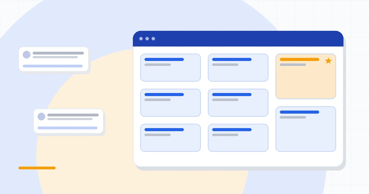 Flat illustration of a flexible data grid next to a large all-in-one dashboard, deep blue and amber palette