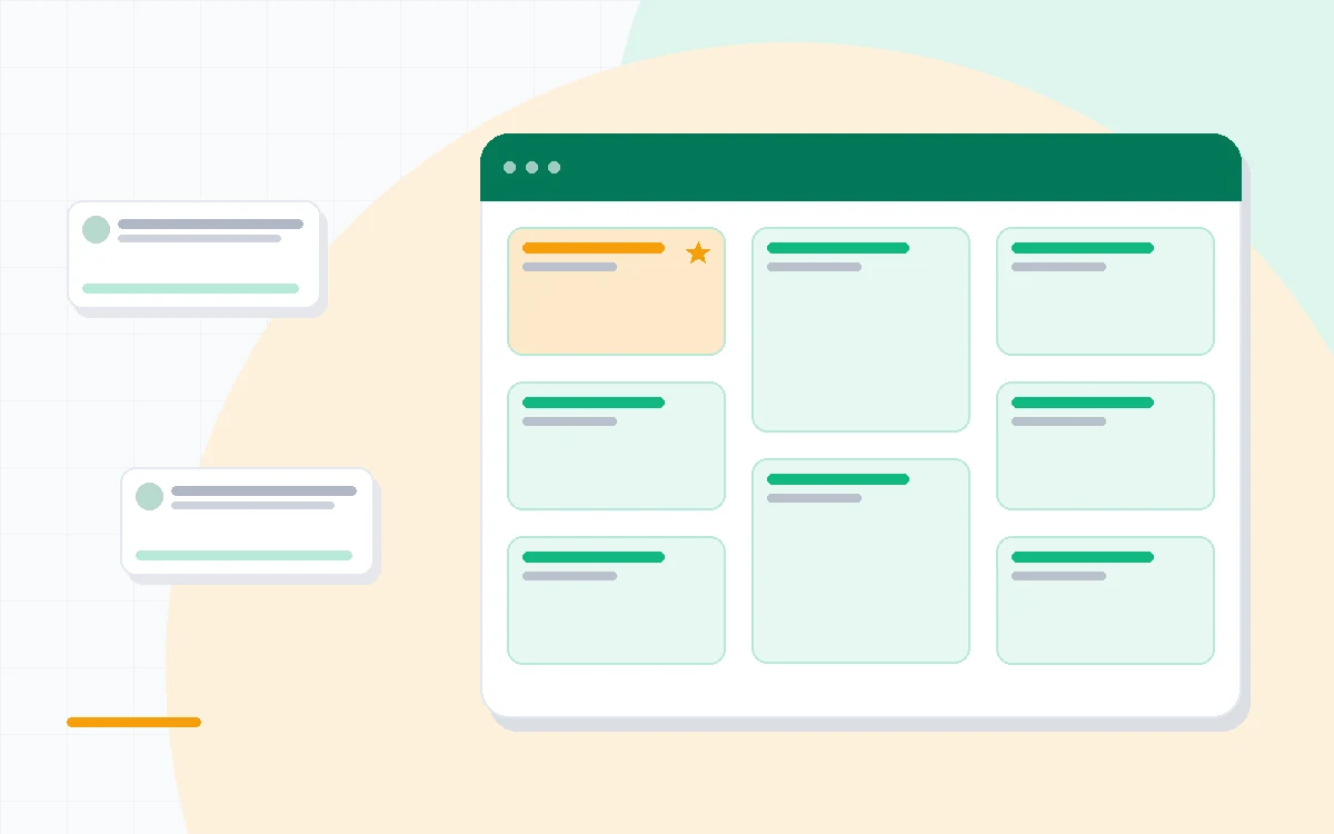 Flat illustration of a calm project hub with message board, to-do lists, schedule and group chat arranged in one tidy screen, deep blue and amber palette