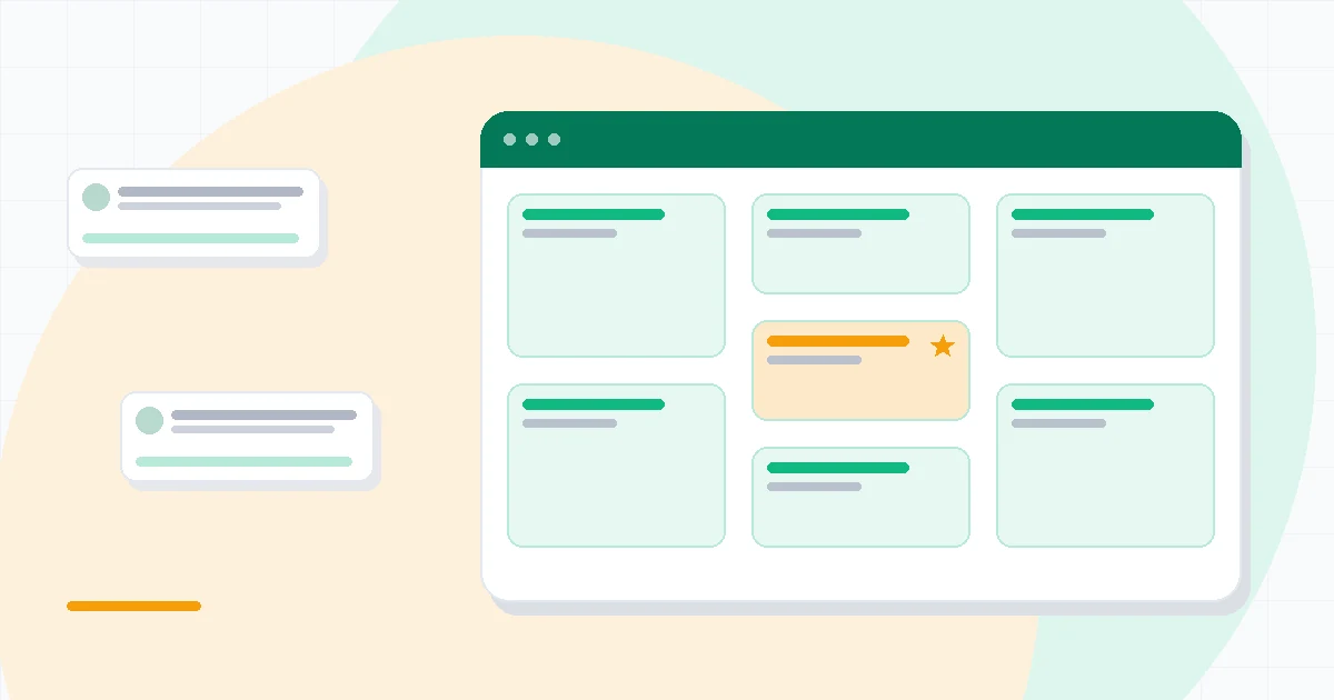 Flat illustration of a calm project hub with message board, to-do lists, schedule and group chat arranged in one tidy screen, deep blue and amber palette