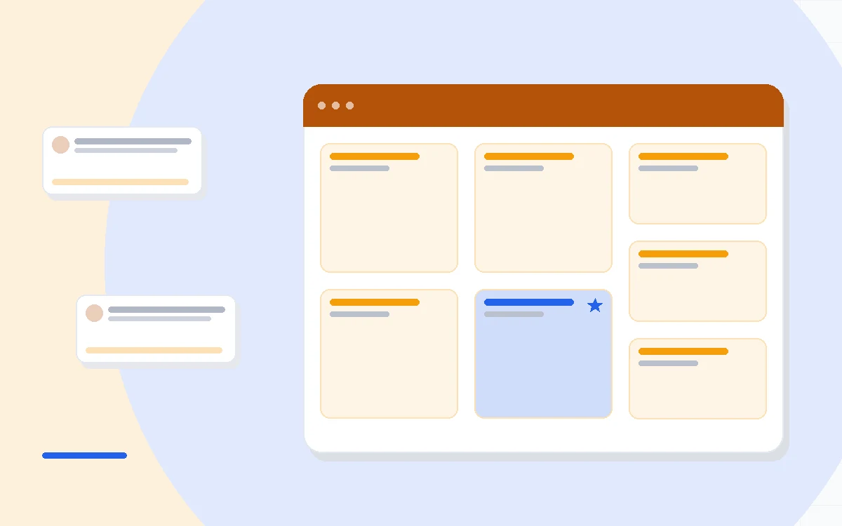 Flat illustration of a newsletter subscriber list beside a paywall toggle and a referral program dashboard, deep blue and amber palette