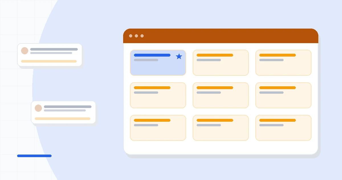 Flat illustration of a newsletter subscriber list beside a paywall toggle and a referral program dashboard, deep blue and amber palette