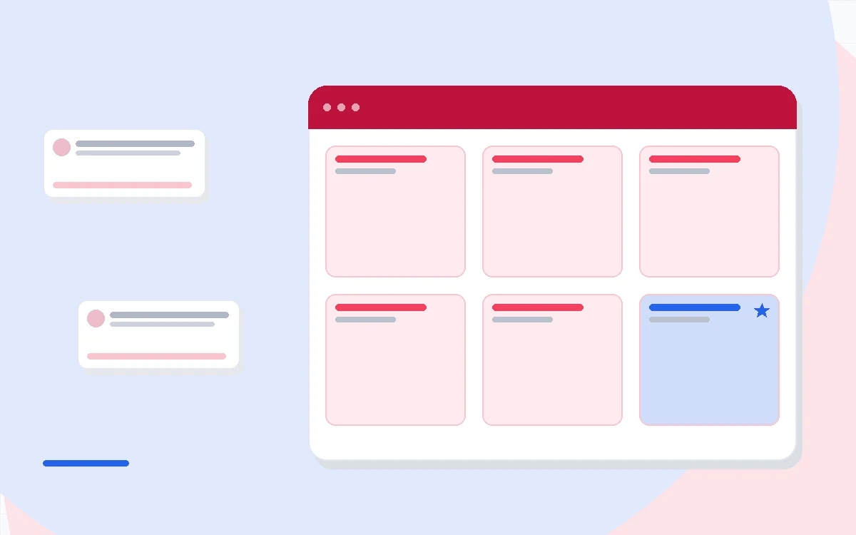Flat illustration of a bookkeeper dashboard with categorized transactions, bank feeds and monthly profit charts beside a chat window, deep blue and amber palette