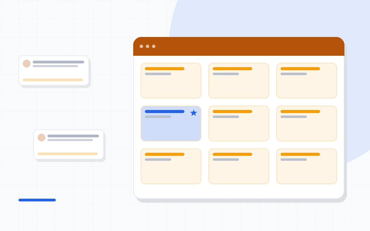 Flat illustration of an email newsletter preview beside two rival email platform cards and a rising send chart, deep blue and amber palette