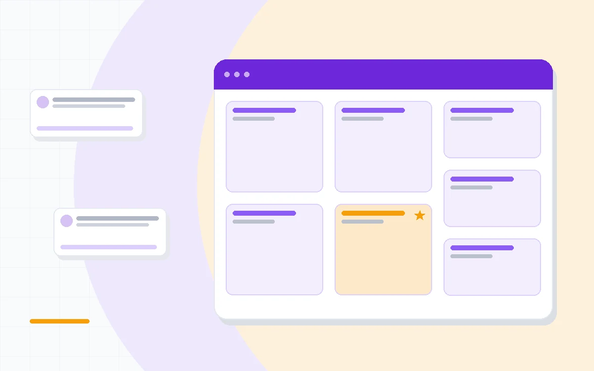 Flat illustration of a content pipeline with drafting, image design, video editing and publishing stages connected by arrows, deep blue and amber palette