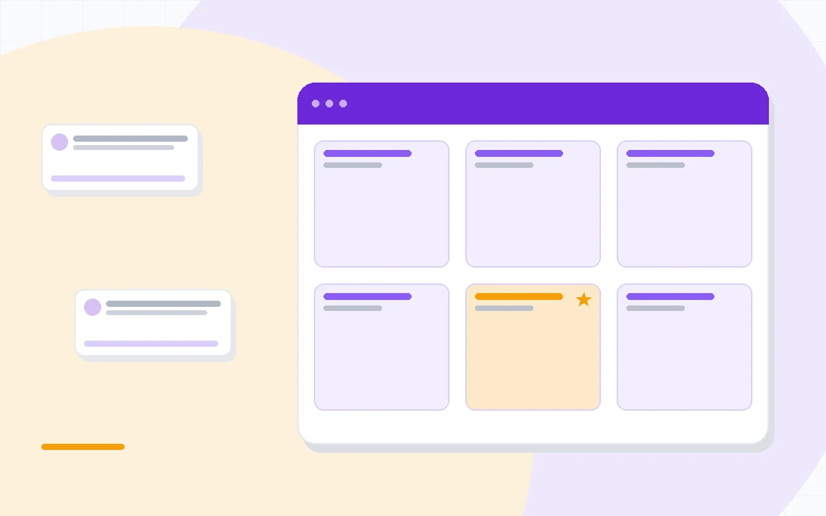 Flat illustration of an SEO dashboard with ranking charts, keyword lists and a content score gauge, deep blue and amber palette
