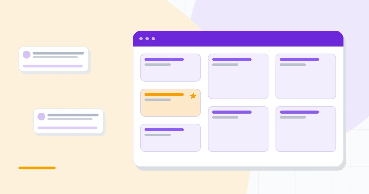Flat illustration of an SEO dashboard with ranking charts, keyword lists and a content score gauge, deep blue and amber palette