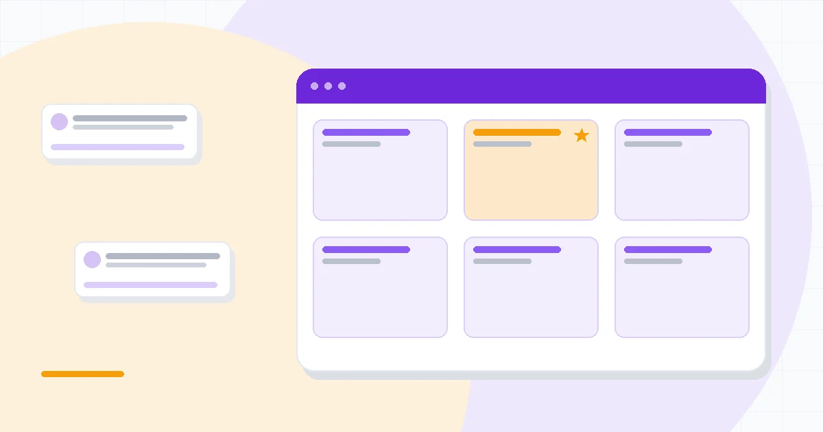 Flat illustration of AI tools organized by business category, deep blue and amber palette