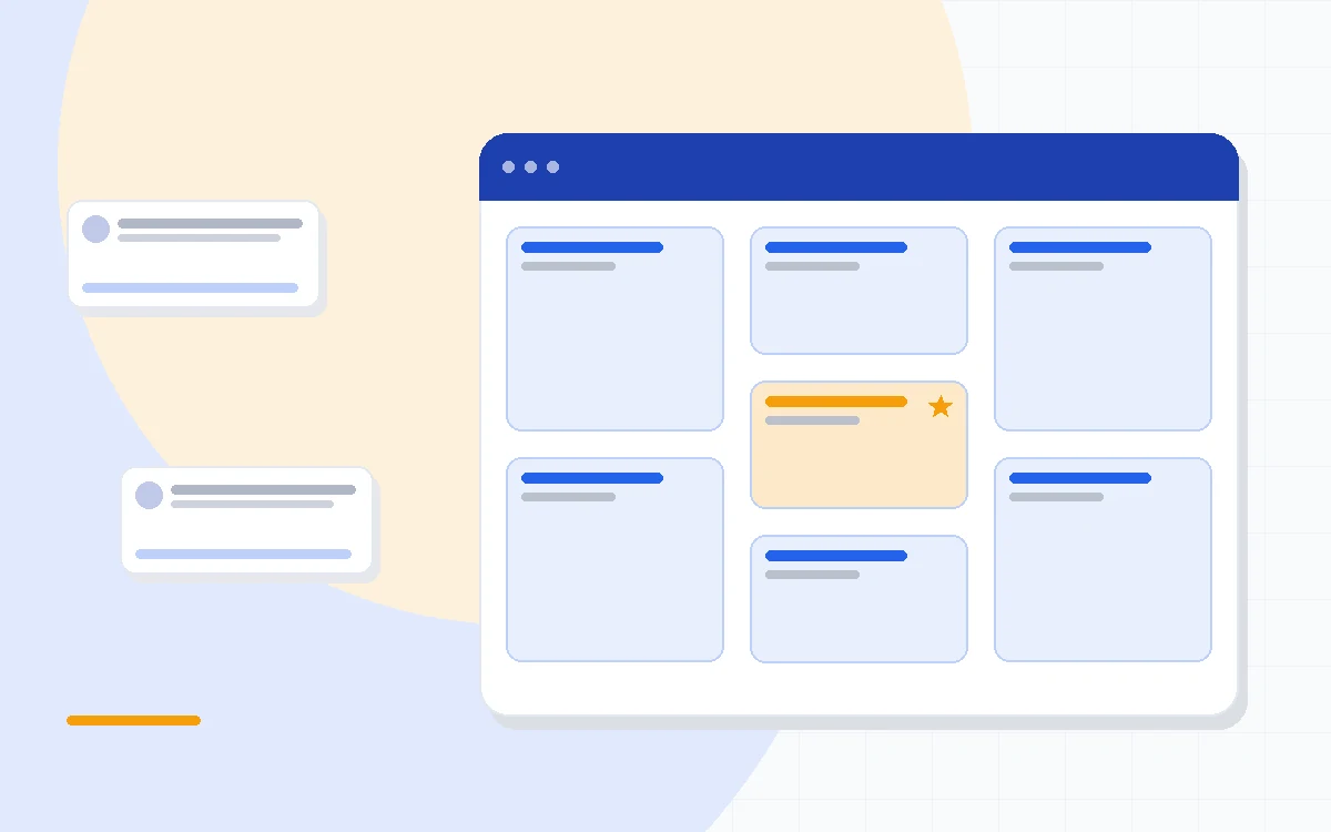 Flat illustration of an online store feeding order data into customer profiles with segments and automation flows, deep blue and amber palette