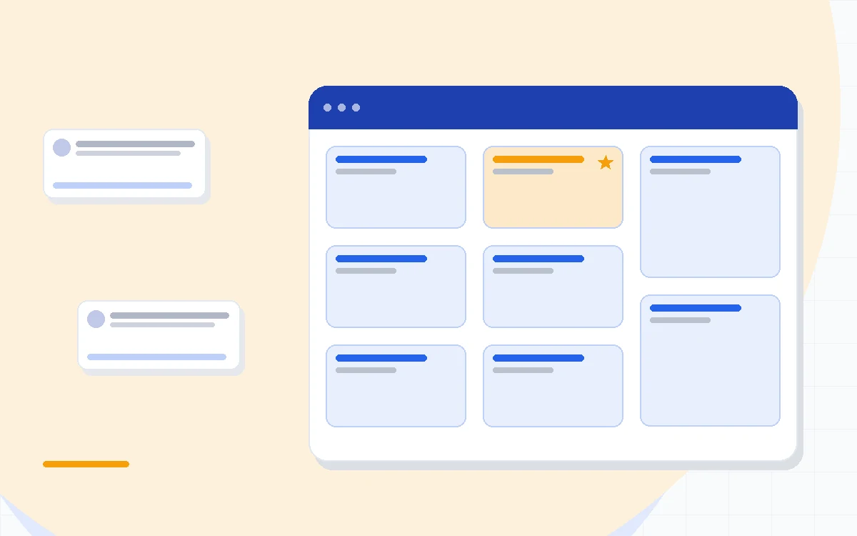 Flat illustration of a freelancer desk with a simple client pipeline, reminder notes and a laptop showing contact cards, deep blue and amber palette
