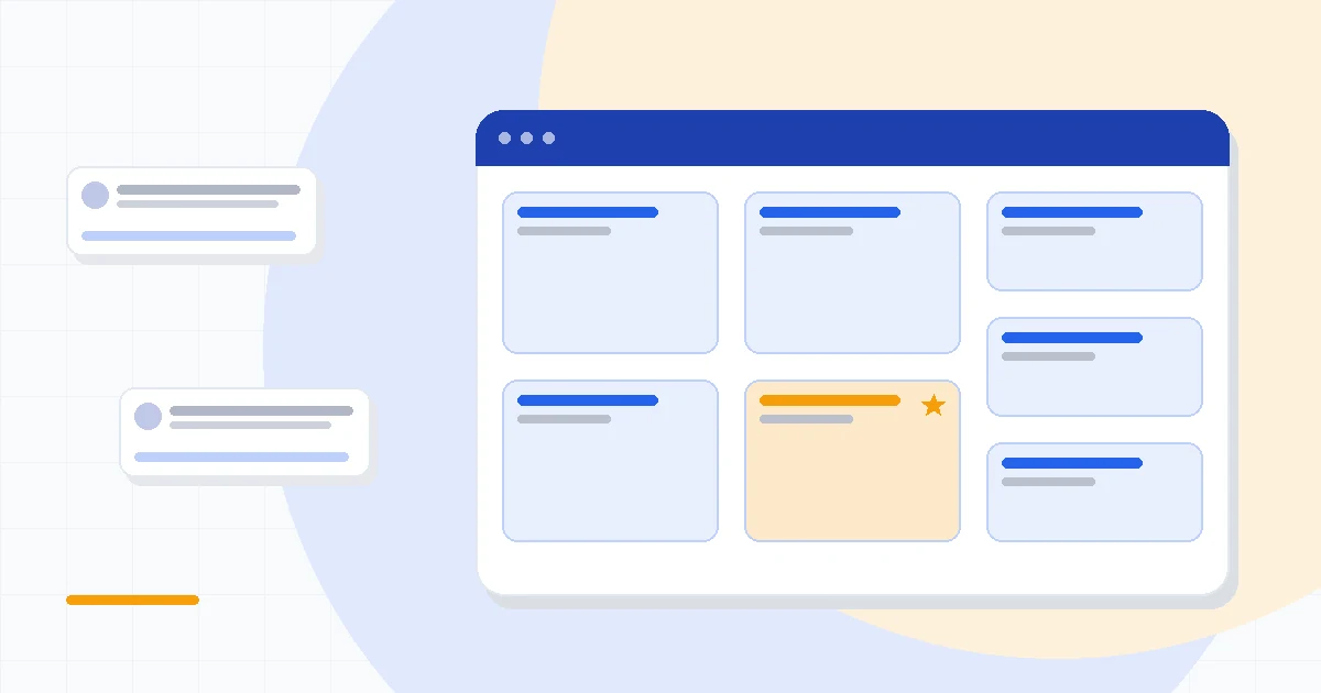 Flat illustration of a freelancer choosing a CRM with contact cards, a proposal pipeline and a low price tag, deep blue and amber palette
