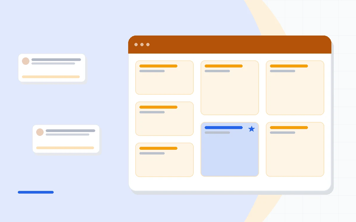 Flat illustration of an online store with automated email flows for carts, purchases and win-backs, deep blue and amber palette