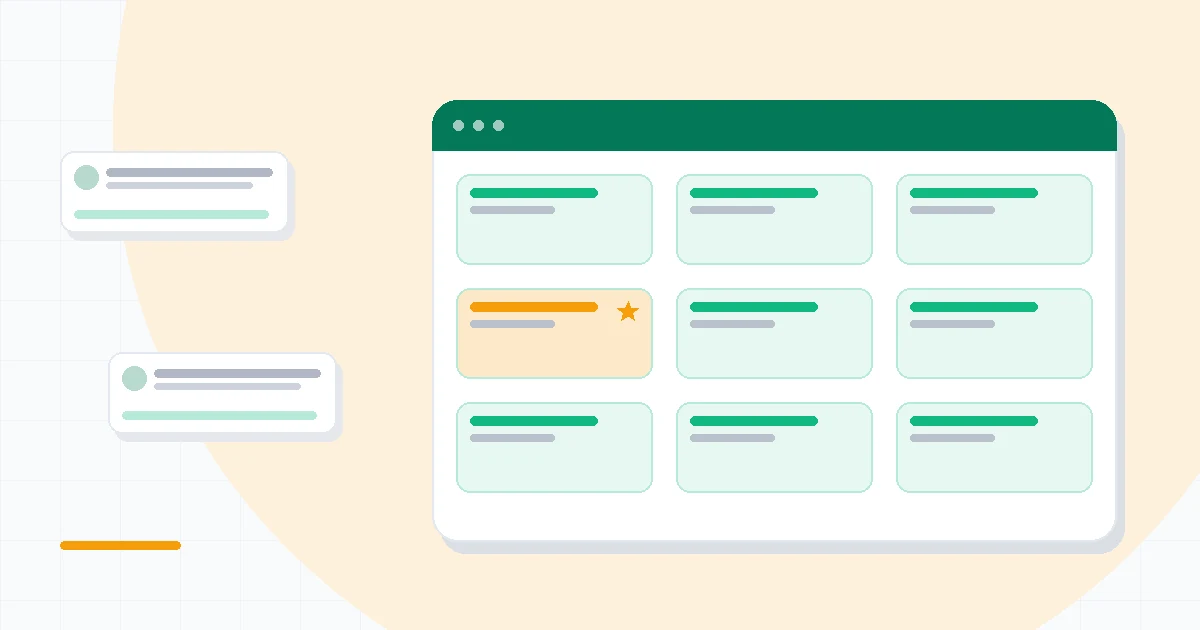 Flat illustration of project management boards and task cards for teams, deep blue and amber palette