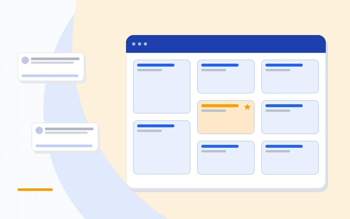 Flat illustration of a CRM pipeline board beside a task list and a team chat window, deep blue and amber palette