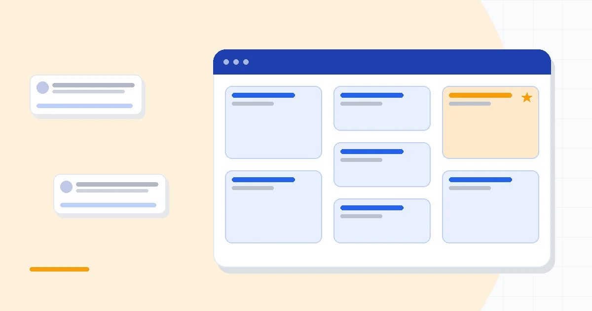 Flat illustration of a CRM pipeline board beside a task list and a team chat window, deep blue and amber palette