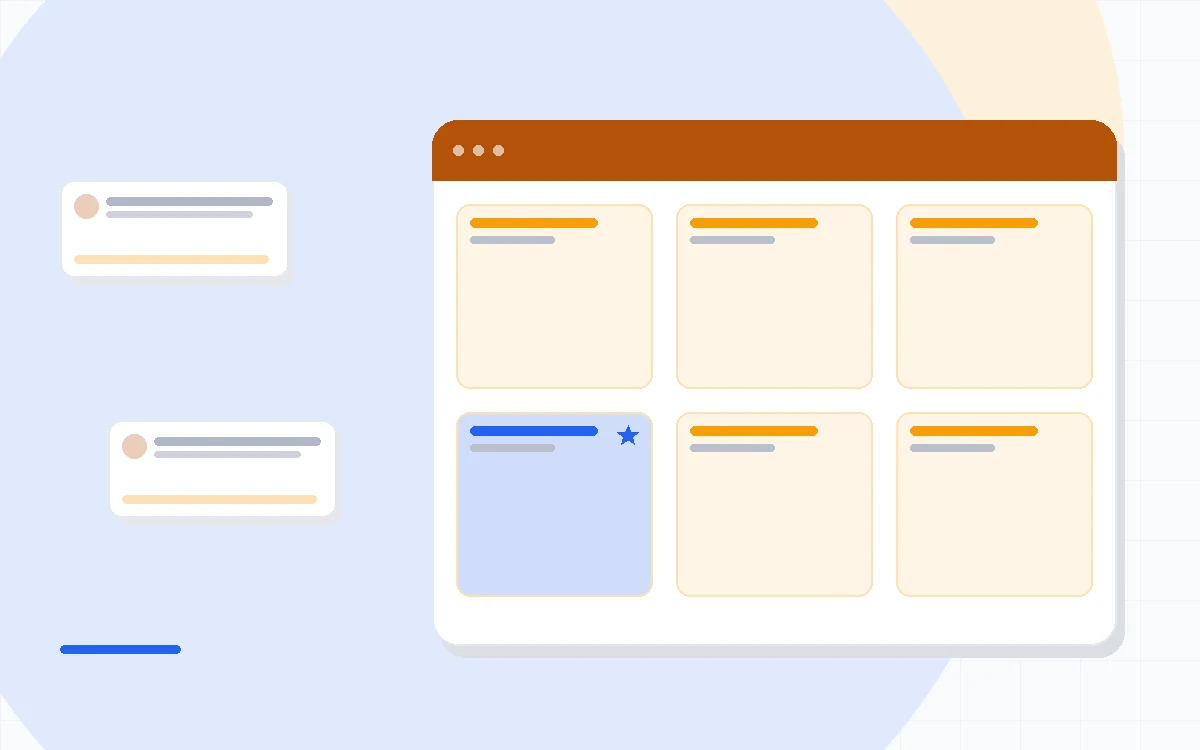 Flat illustration of a writer at a desk sending a plain-text newsletter, deep blue and amber palette