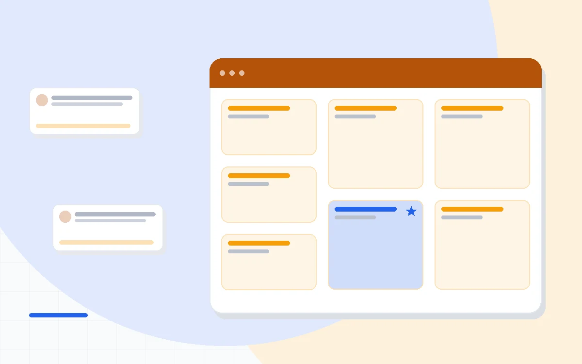 Flat illustration of an email template design canvas compared against two other email platform cards, deep blue and amber palette