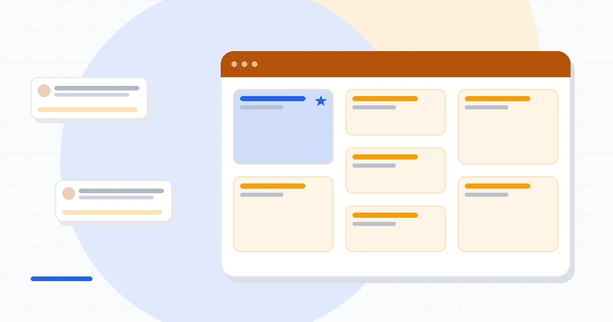 Flat illustration of an email template design canvas beside two rival email platform cards, deep blue and amber palette