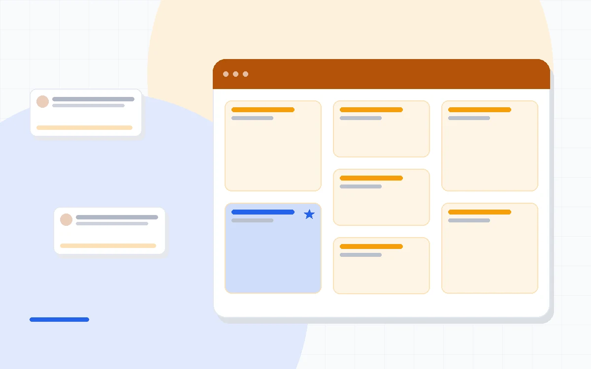 Flat illustration of a designed email template beside a data dashboard, deep blue and amber palette