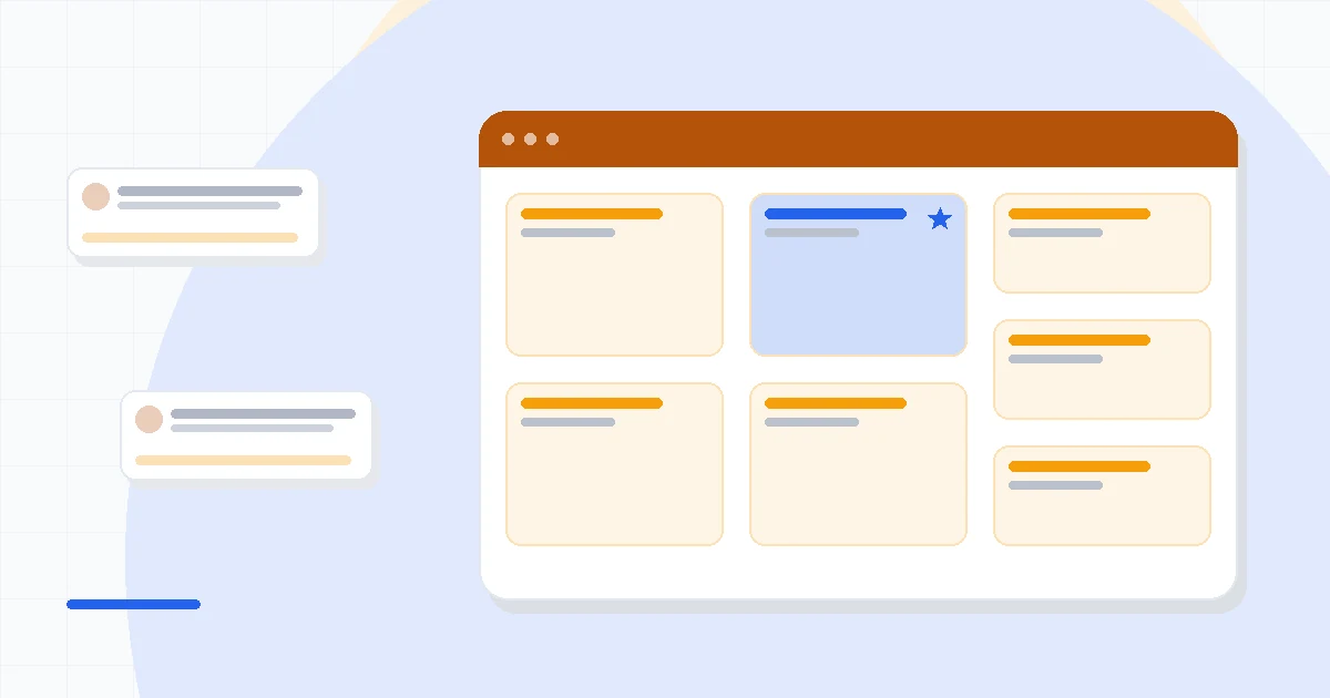 Flat illustration of a designed email template beside a data dashboard, deep blue and amber palette