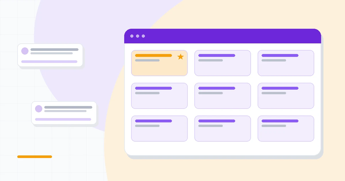 Flat illustration of a template editor beside a generative image panel with a spark icon, deep blue and amber palette