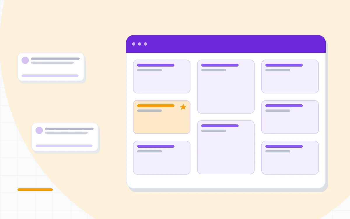 Flat illustration of a template editor beside a generative image panel with a spark icon, deep blue and amber palette