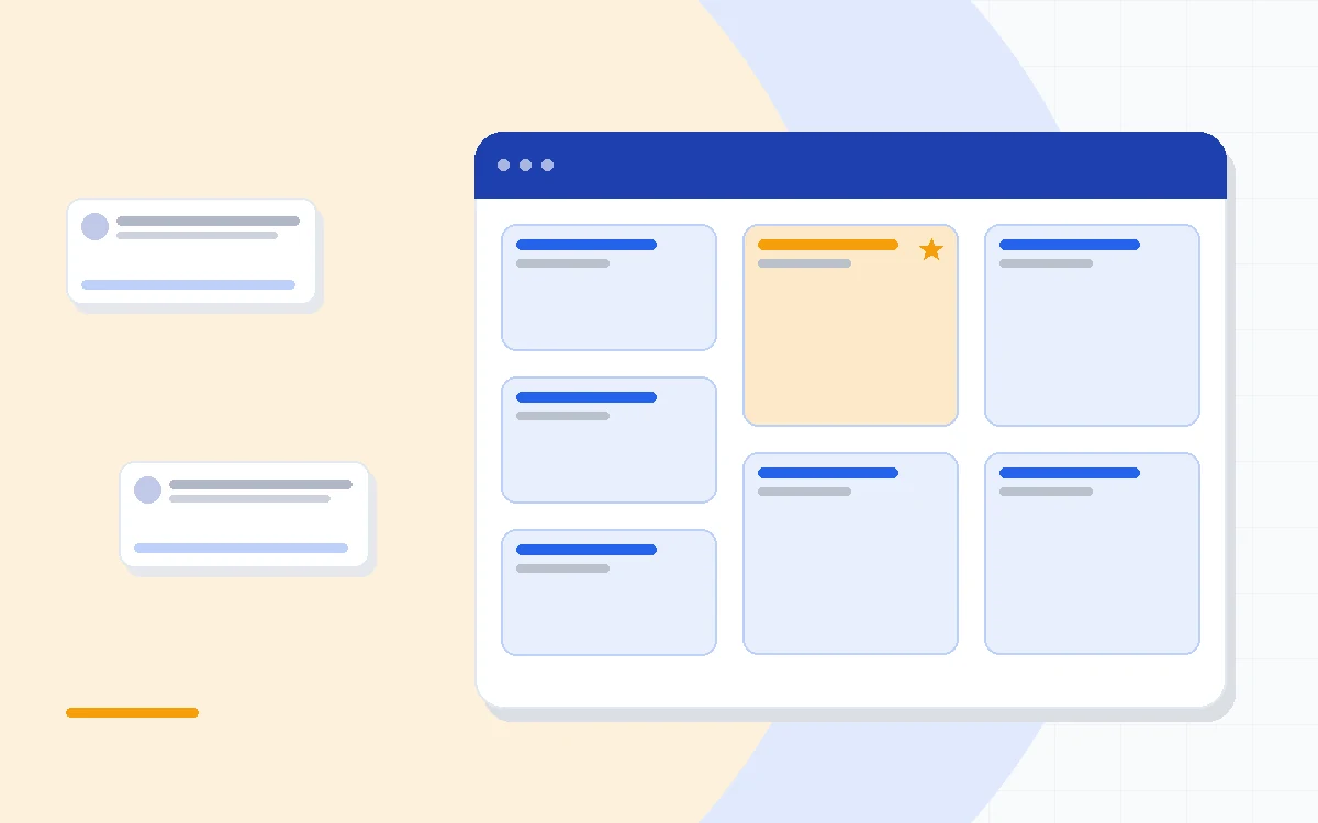 Flat illustration of a simple sales pipeline board with deal cards moving between stages, deep blue and amber palette
