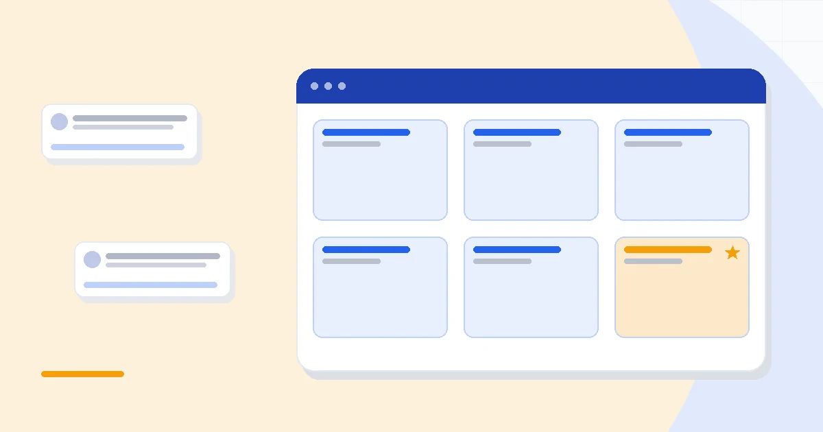 Flat illustration of a simple sales pipeline with deal cards, contact cards, and a project checklist, deep blue and amber palette