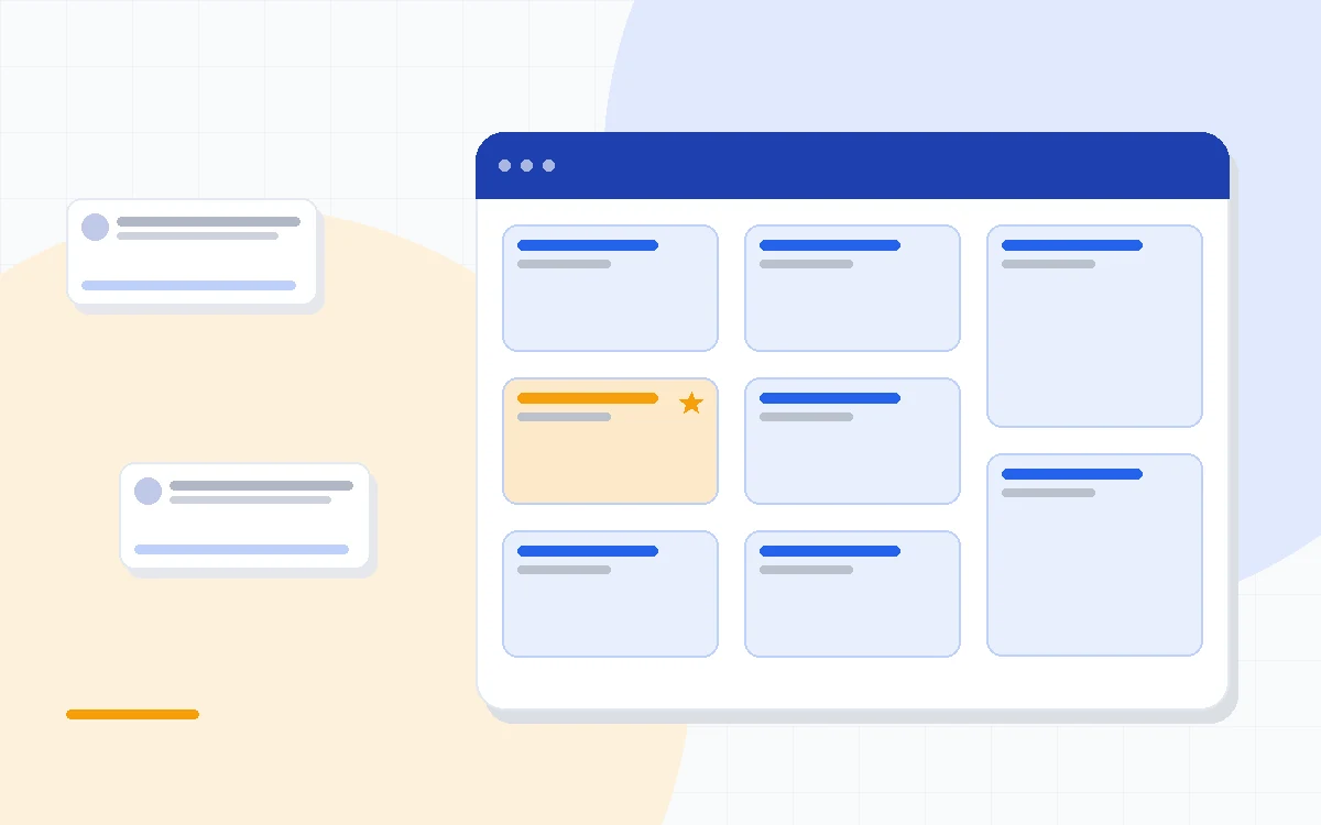 Flat illustration of two contact cards connected to email, calendar and social icons around a central person, deep blue and amber palette