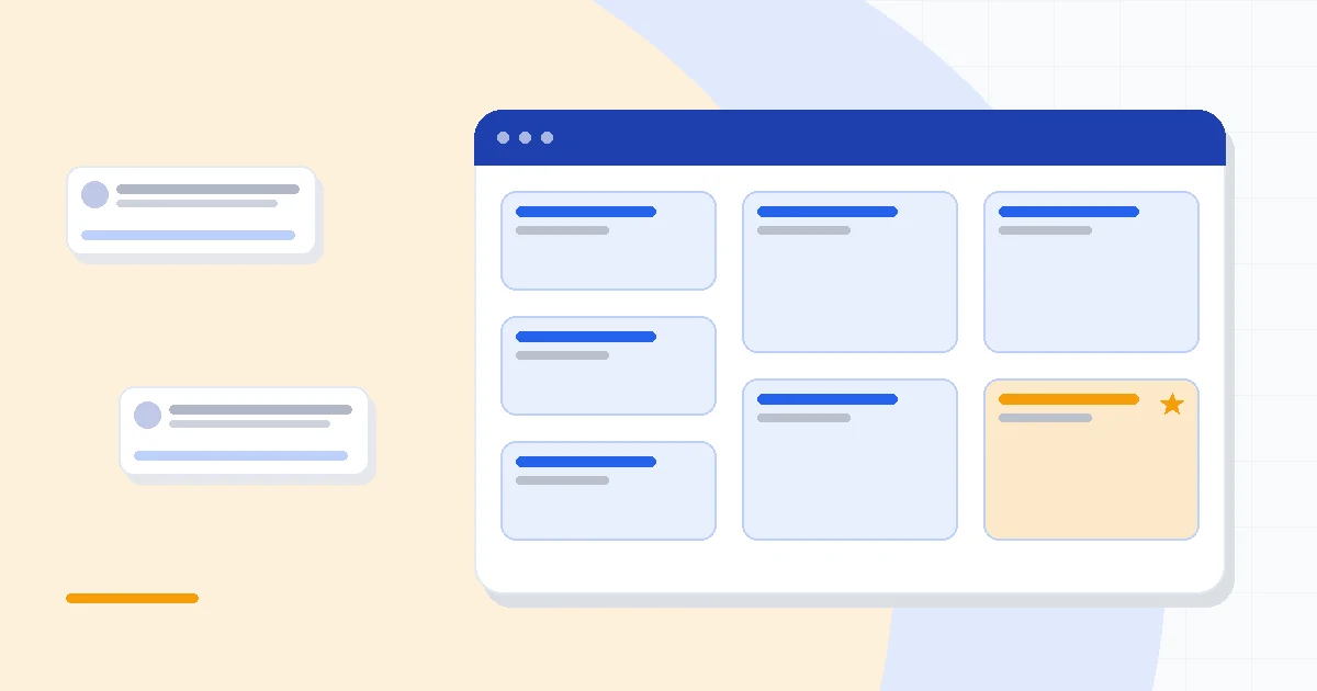 Flat illustration of two contact cards connected to email, calendar and social icons, deep blue and amber palette
