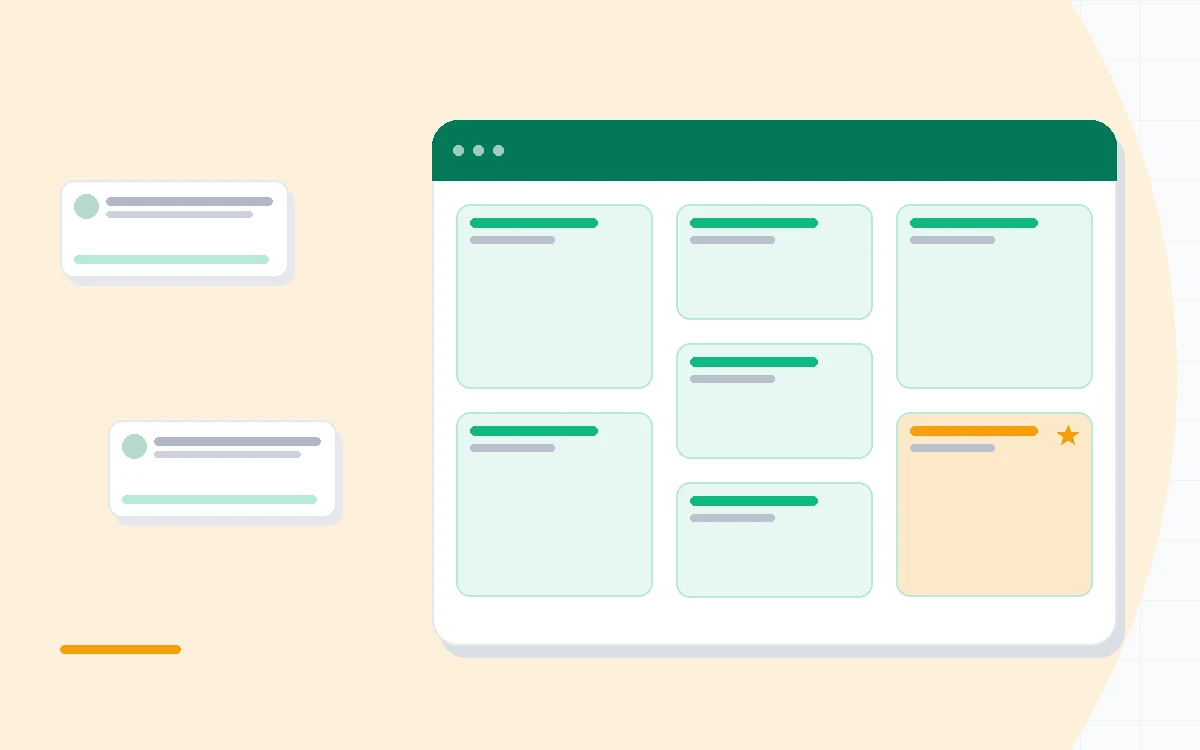 Flat illustration of a page-tree document hierarchy beside a Jira-style ticket icon and a tiered pricing ladder, deep blue and amber palette