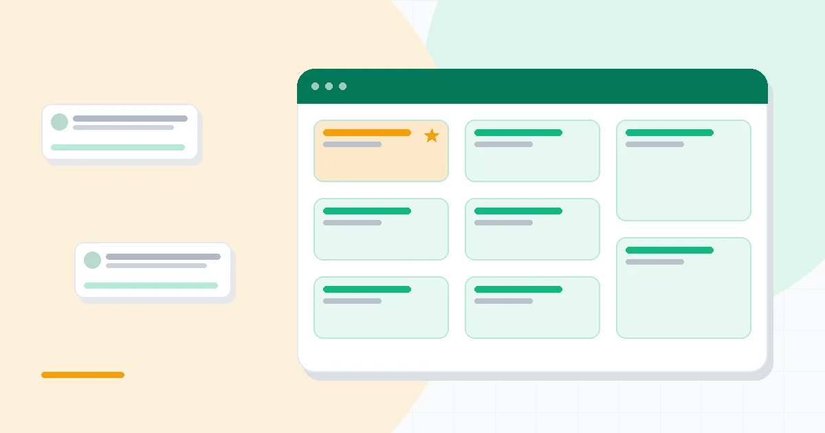 Flat illustration of a page-tree document hierarchy beside a Jira-style ticket icon and a tiered pricing ladder, deep blue and amber palette
