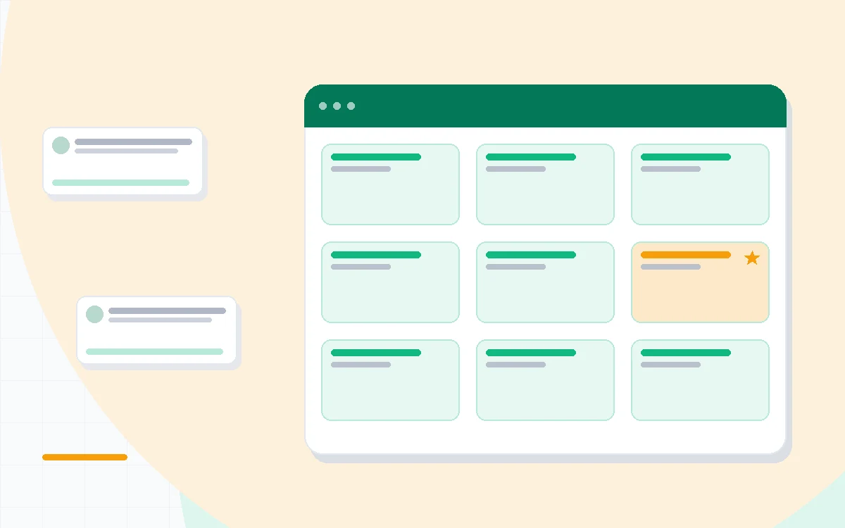 Flat illustration of a structured page tree on one side and a flexible block workspace on the other, deep blue and amber palette