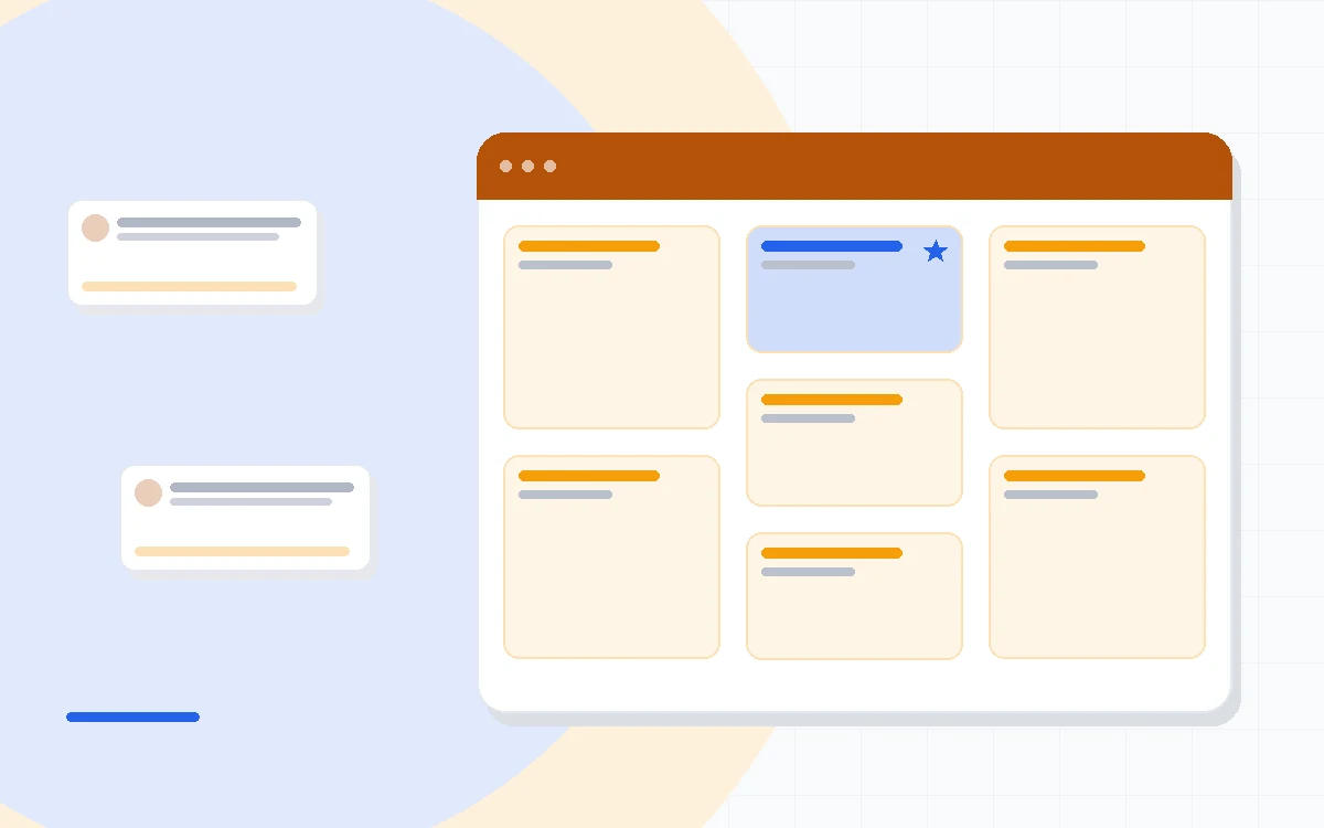 Flat illustration of an email marketing dashboard with a newsletter editor beside an event RSVP registration page, deep blue and amber palette